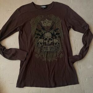 Affliction Dark Brown Skull Graphic Long Sleeve Shirt